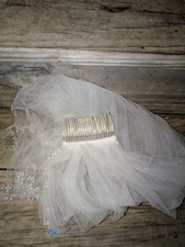 White Fingertip Tulle Net Wedding Veil with Comb, Beaded Edge Trim