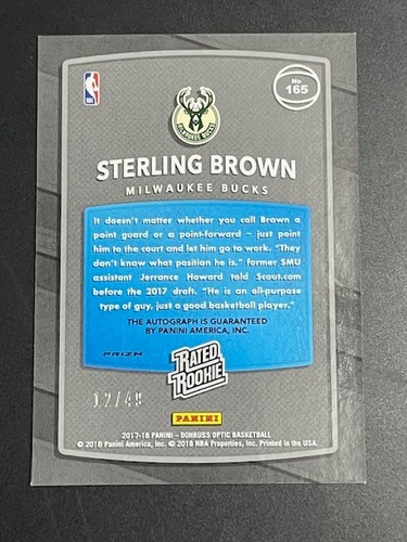 2017-18 DONRUSS OPTIC STERLING BROWN RC ROOKIE BLUE AUTO AUTOGRAPH #165 12/49 - Picture 2 of 2