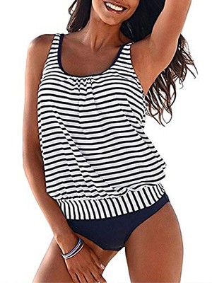 BIKINX Striped Tankini Swimsuits for Women Tummy Control Two Piece Blue Large