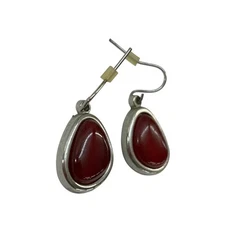 Silvertone Red Fishhook Pierced Earrings 1.2 Inch Drop Free Form