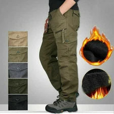 Men Winter Thermal Cargo Pants Fleece Outdoor Work Elastic Waist Warm Trousers