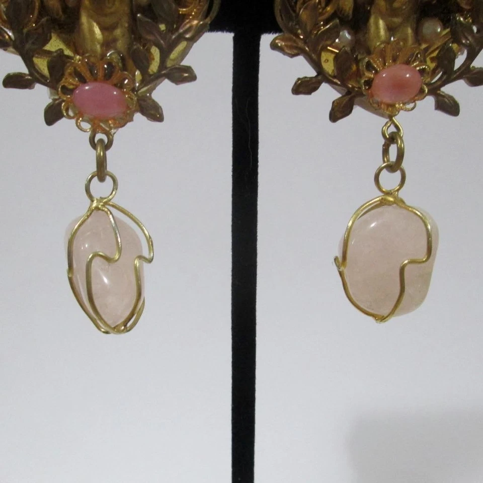 Steampunk Style Collage Women Clip Earrings Cherubs Rose Quartz Vintage - Image 2 of 4