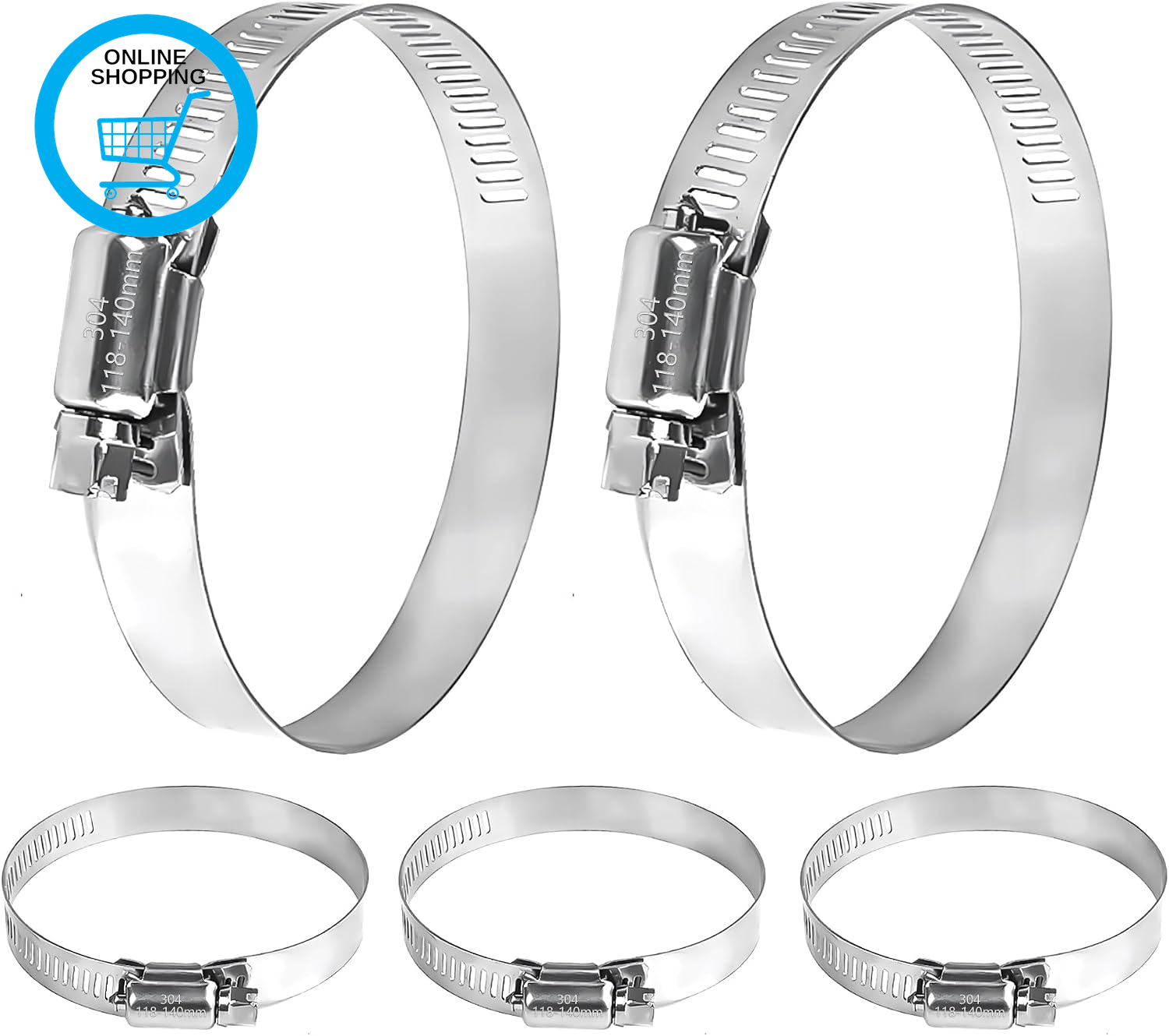 5 Pcs Hose Clips, Adjustable Large Hose Clamp 304 Stainless Steel, 118-140Mm Ran
