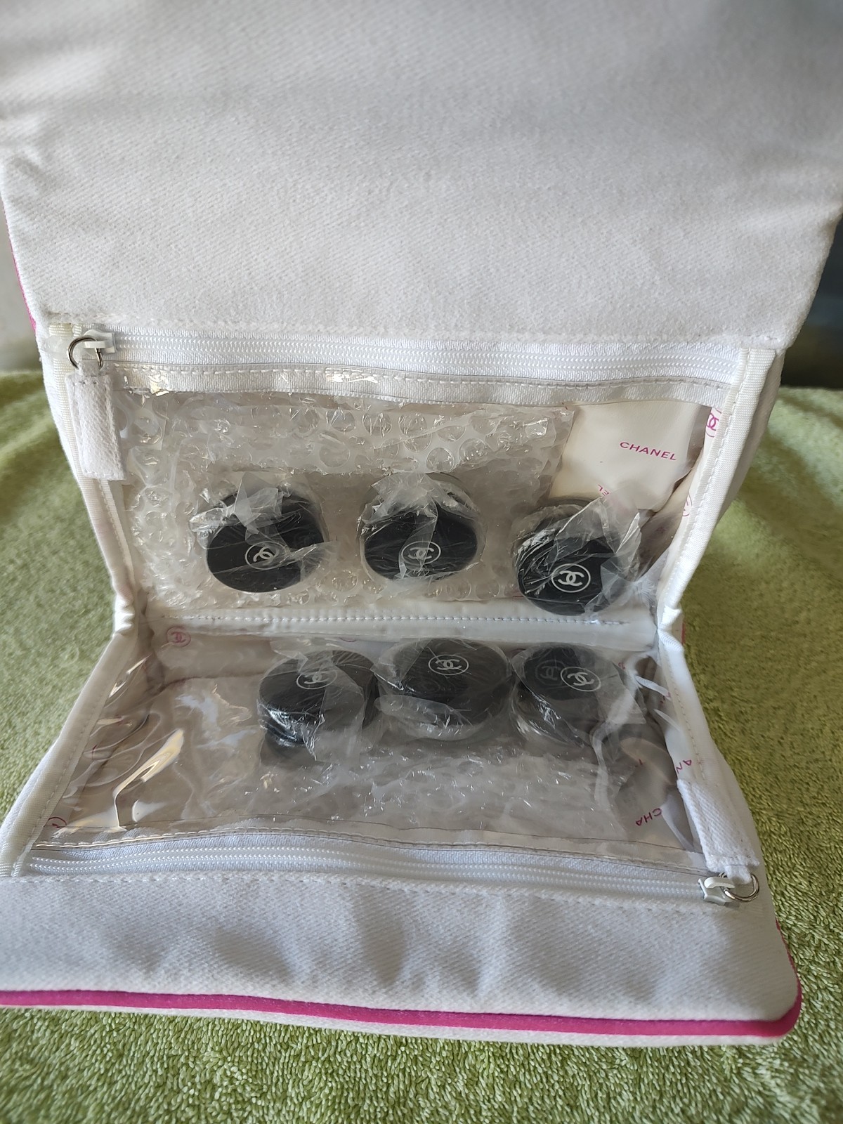  Chanel Parfums White Canvas Cosmetic Travel Pouch Bag Pink Trim  W/6 Drams thumbnail 3