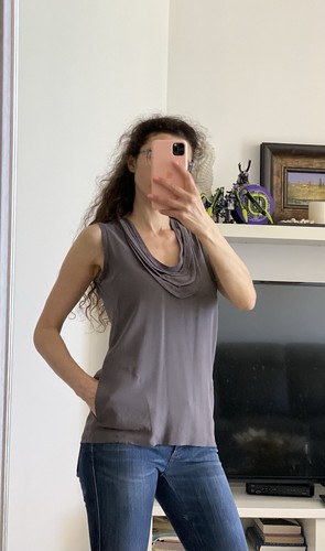 Brunello Cucinelli Women’s Sleeveless Gray Taupe Draped Neck Top Blouse Size 38