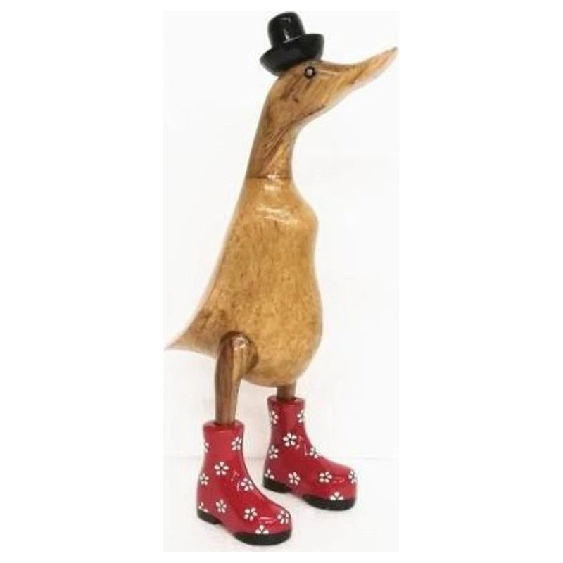 Papera in Legno con Stivali Rossi 28 cm Soprammobile Statuetta Arredo Casa, fotografia 3 di 9