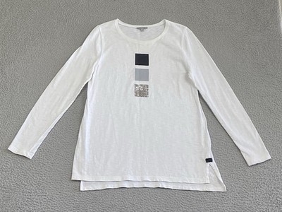Lisa Todd Long Sleeve Shirt White Tunic Tee M Silver Black Graphic Print Preppy