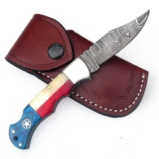 6.5" CUSTOM HANDMADE DAMASCUS FTEXAS FLAG FOLDING KNIFE WITH LEATHER SHEATH S14
