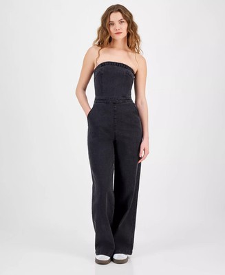 Tinseltown X4350 Juniors' Wide Leg Strapless Denim Jumpsuit, Black, S