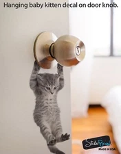 Cute baby hanging kitten door decal sticker #6067