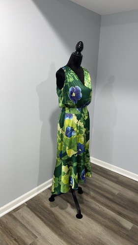 White House Black Market high low long dress green floral satin women’s size 6 - Picture 9 of 18