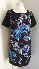 M&S PER UNA Black Blue Floral Rose Shift Dress Formal Work Office Occasion 14