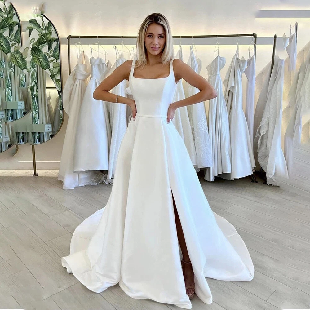 Simple Satin Wedding Dresses with Side Split Square Neck White