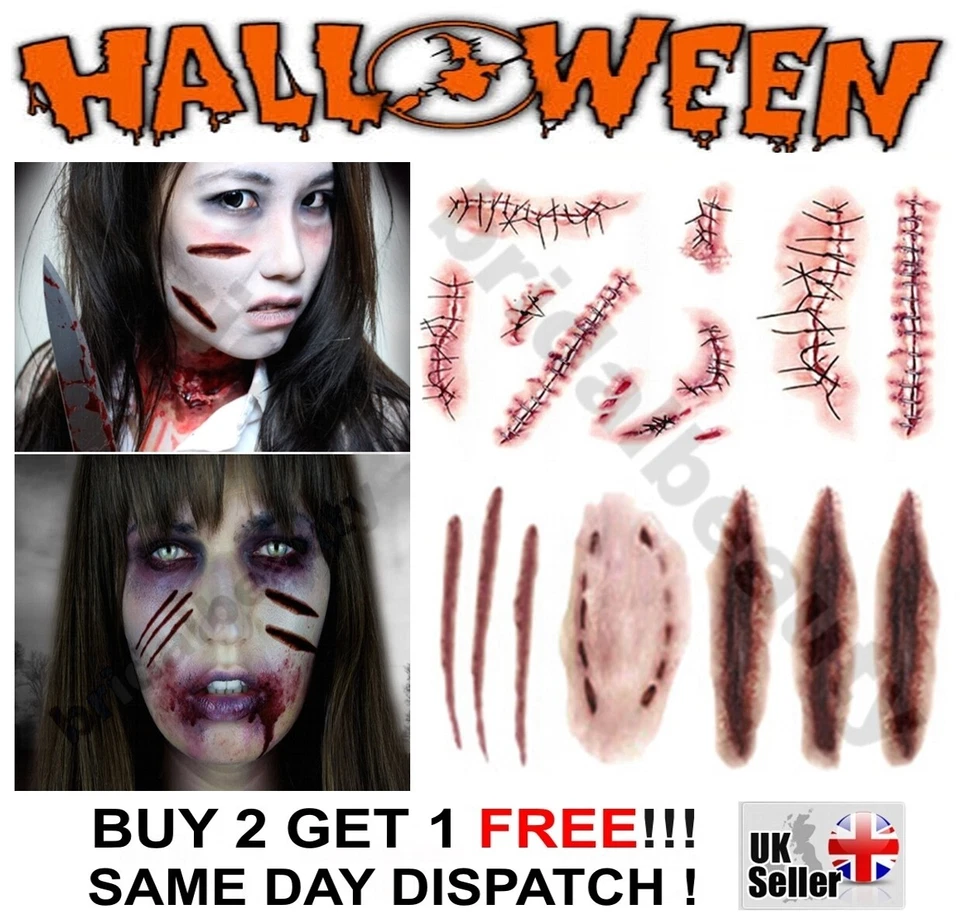 Halloween Zombie Cuts Wound Bite Temporary Tattoos Costume Party Horror Blood UK