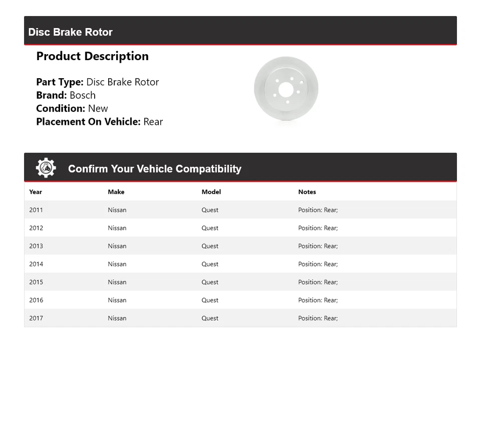 Rotor de freno de disco trasero para Nissan Quest Bosch QuietCast 2011-2017 2012 2013 2014 Foto 2 de 4