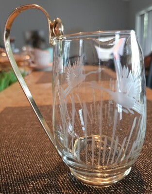 FLYING GEESE CUT GLASS PITCHER 6.25''Tall Clear SILVER METAL HANDLE