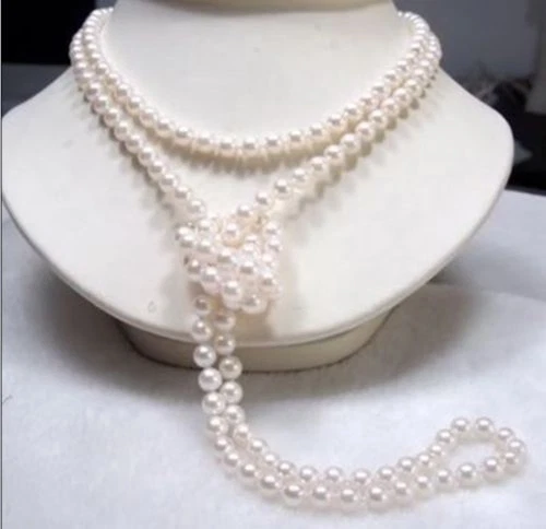 Collar Largo 65" 7-8mm Genuino Natural Blanco Akoya Perla Cultivada Anudado a Mano - Imagen 4 de 4