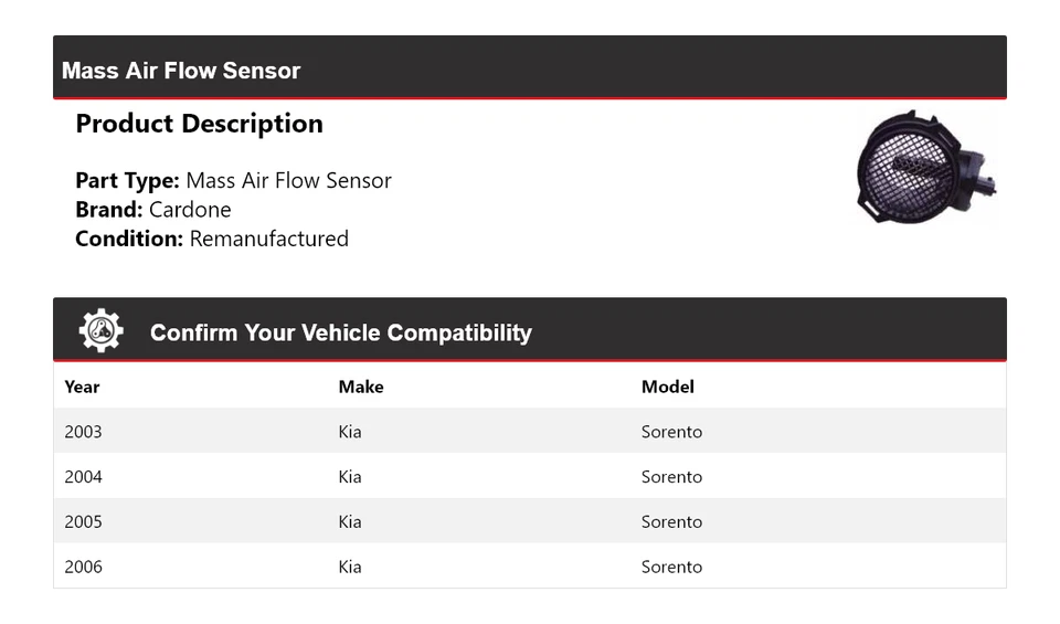 Sensor de flujo de aire másico Cardone 2004 2005 para Kia Sorento 2003-2006 Foto 2 de 4