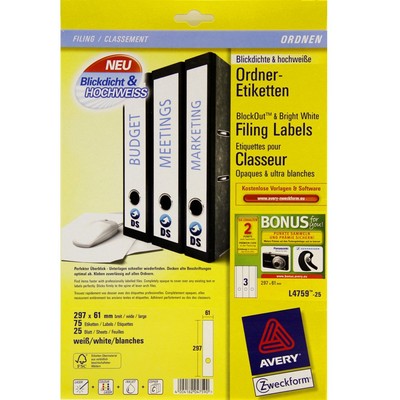 75 Ordner Etiketten 61x297mm Blickdicht & hochweiß Avery Zweckform L4759-25