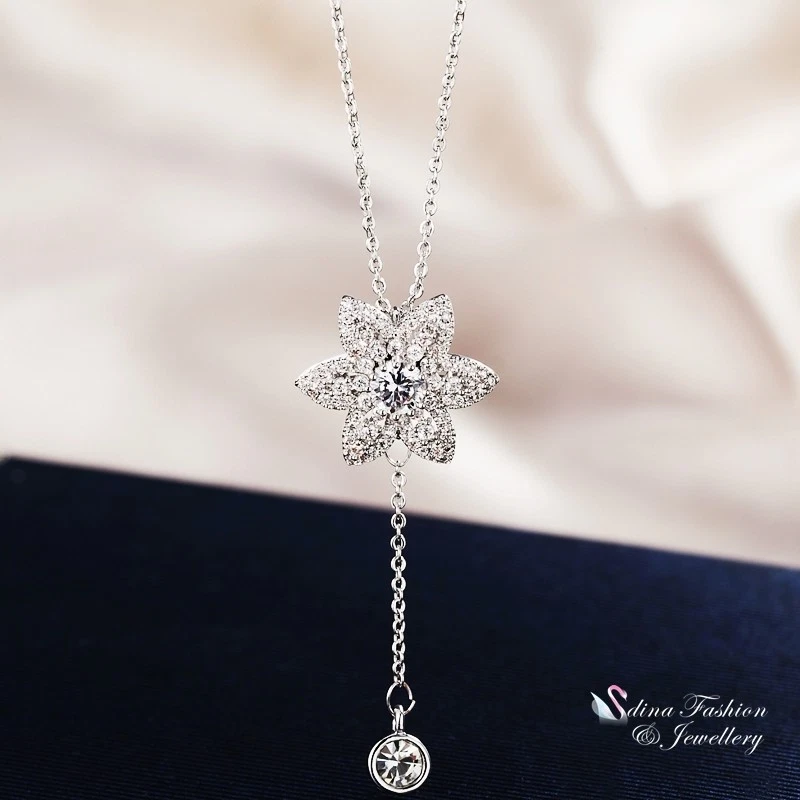 18K White Gold Filled AAA Grade Cubic Zirconia  Flower Bloom Lariat Necklace Foto 4 de 4
