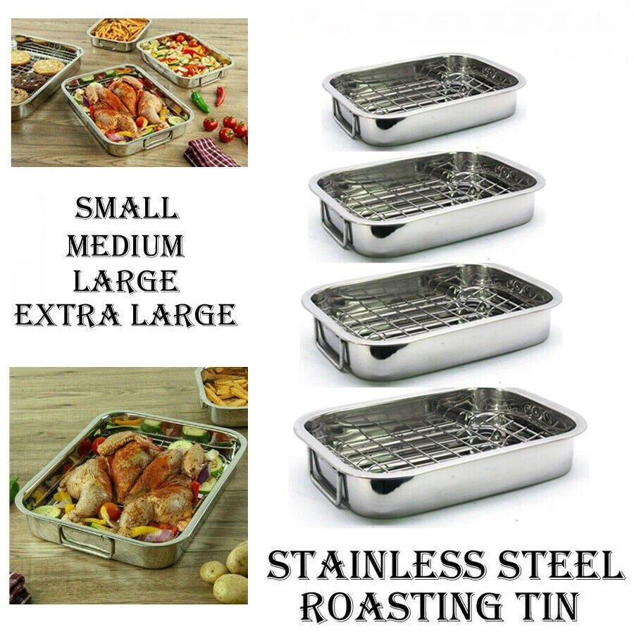 Stainless Steel Deep Roasting Tray Oven Pan Grill Rack Baking