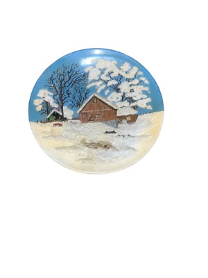 Vintage Byron Molds 1972 3D Ceramic Wall Plate  Winter Scene Snow Red Barn