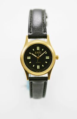 Epic Damen Uhr Edelstahl Gold Schwarzes Lederband Wasserdicht Quarz Batterie