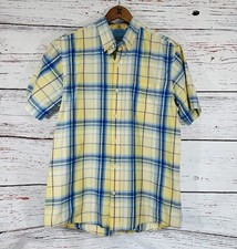 Izod Plaid Shirt Button Down Short Sleeve Mens Size Medium Classic Yellow Blue