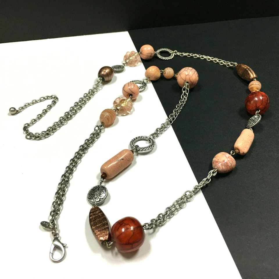 NUEVO CHICO'S Collar Largo Plata Melocotón y Bronce Mármol Ámbar Cuentas de Vidrio R28k Foto 3 de 4