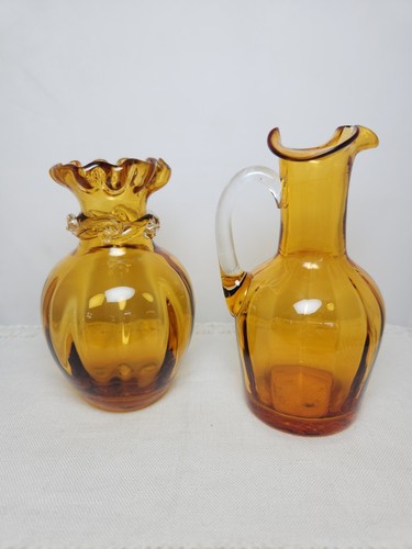 Vtg PILGRIM GLASS Honey Amber Ruffled Bud Vase & Pitcher Applied Details 5" - Picture 9 of 10