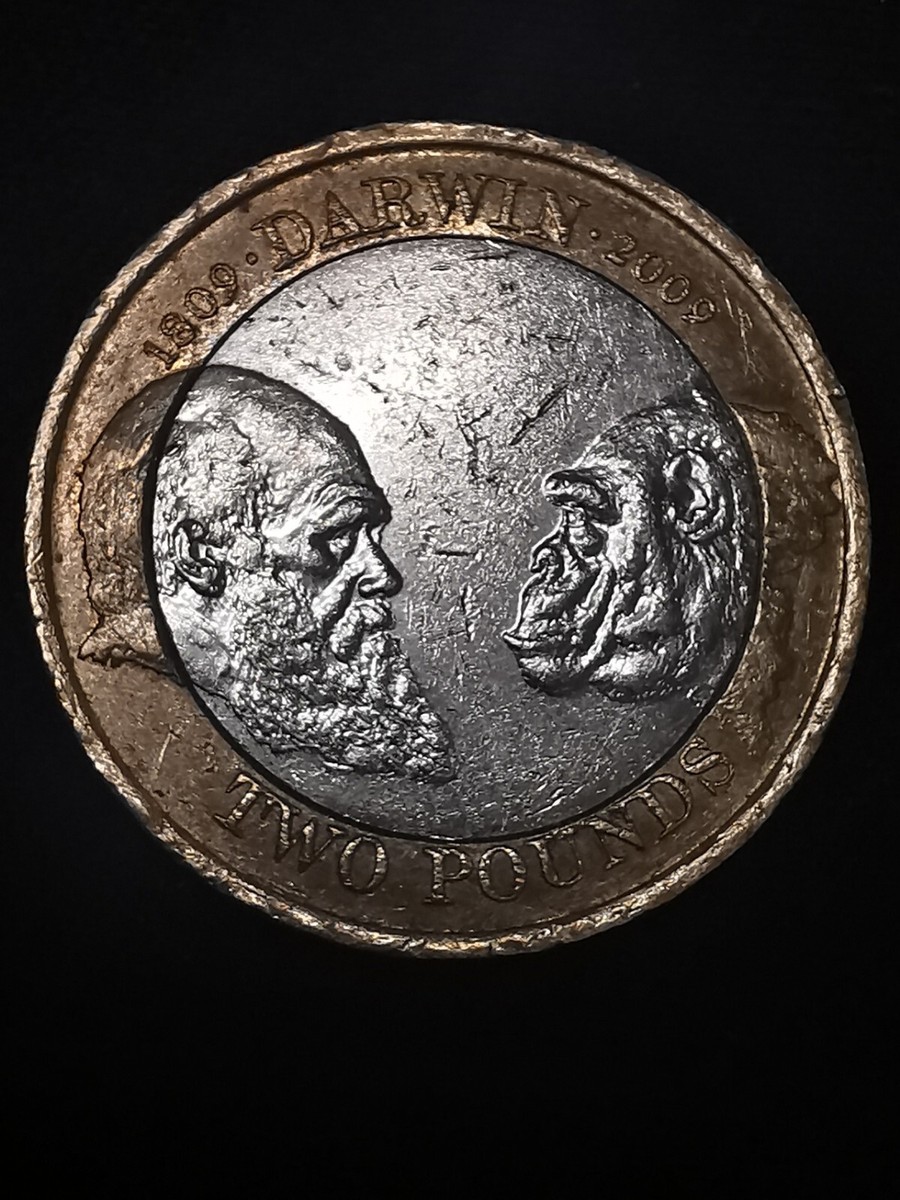 Rare 2 Pound Coin. 1809-2009 Minting Error. Charles Darwin