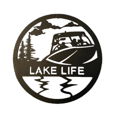 Lake Life-w/Ski Boat-Black Metal 18'' Sign-Lake Decor Indoor Outdoor Wall Hanging