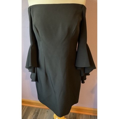 Milly Selena Double Ruffle Black Off Shoulder Mini Sheath Bell Sleeve Dress 8