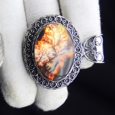 Fire Tree Dendritic Gemstone Pendant Handmade 925 Sterling Silver Jewelry 1.75"