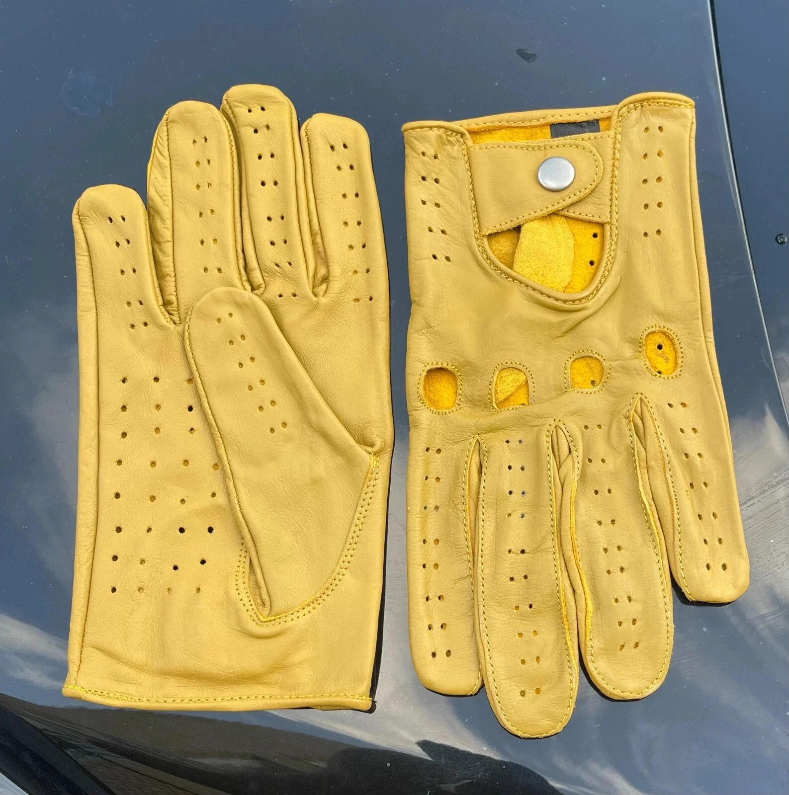 MEN'S CHAUFFEUR REAL GENUINE COW SOFT LEATHER CAR DRIVING GLOVES YELLOW NEW