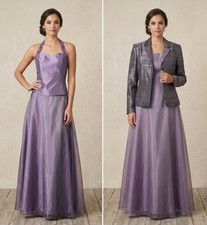 David’s Bridal Purple Formal Gown 3Pc Size 8 Jacket, Halter Top & Chiffon Skirt
