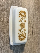Vintage PYREX Milk Glass Butterfly Gold Covered Butter Dish