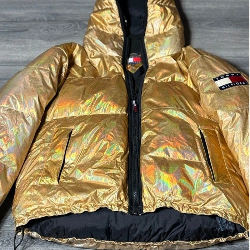 Tommy Hilfiger Gold Holographic Puffer Jacket Hooded Metallic Winter Coat Mens image 1