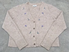 HOOKED UP Cardigan Sweater Womens XL Beige Floral Print Button Up Long Sleeve 