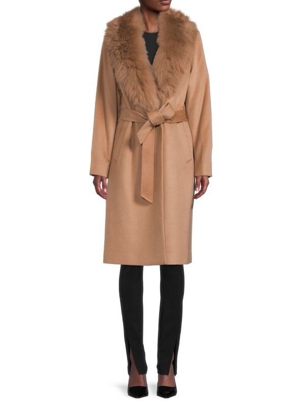 Sofia Cashmere - Shearling Collar Wool Blend Wrap Coat - Size 4 (Small) NEW