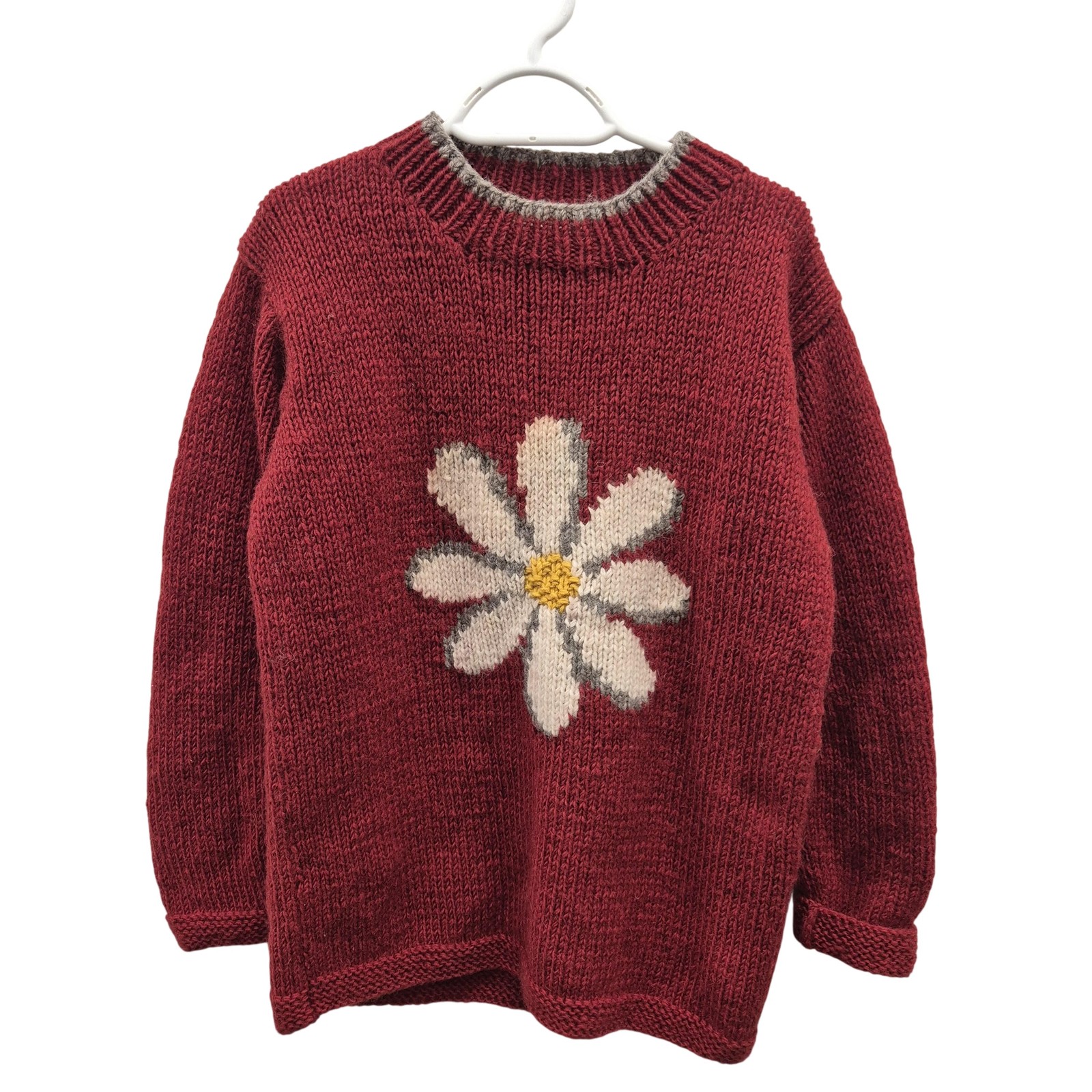 Pachamama Jumper Womens S Red 100% Wool Giant Daisy Flower Knit Handmade Nepal