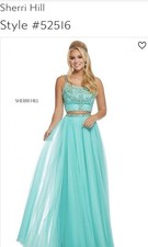 Sherri Hill 52516 Aqua Size 4 Two-Piece Beaded Tulle Open Back Long Gown