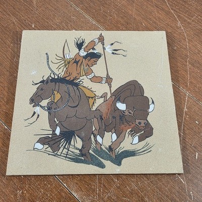 Vintage Navajo Sandpainting Buffalo Signed By Artist 1990s 4 Corners Area