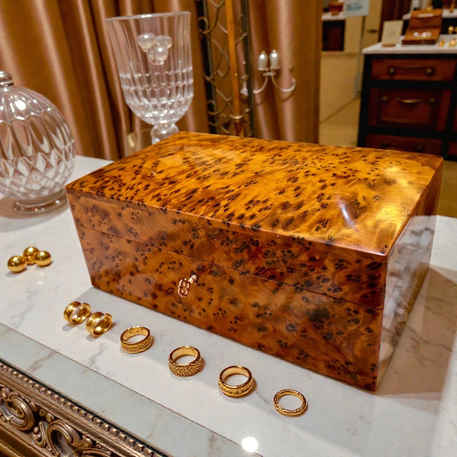 Burl Thuya Wooden Box with lock key, jewelry thuya wooden box Organizer