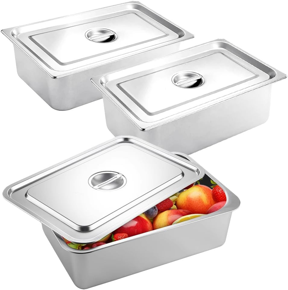 Set Gastronorm 3 Pezzi Acciaio Inox GN 1/3 - Contenitori con Coperchio