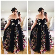Black Evening Dresses Flower Appliques Off Shoulder A Line Plus Size Party Gowns