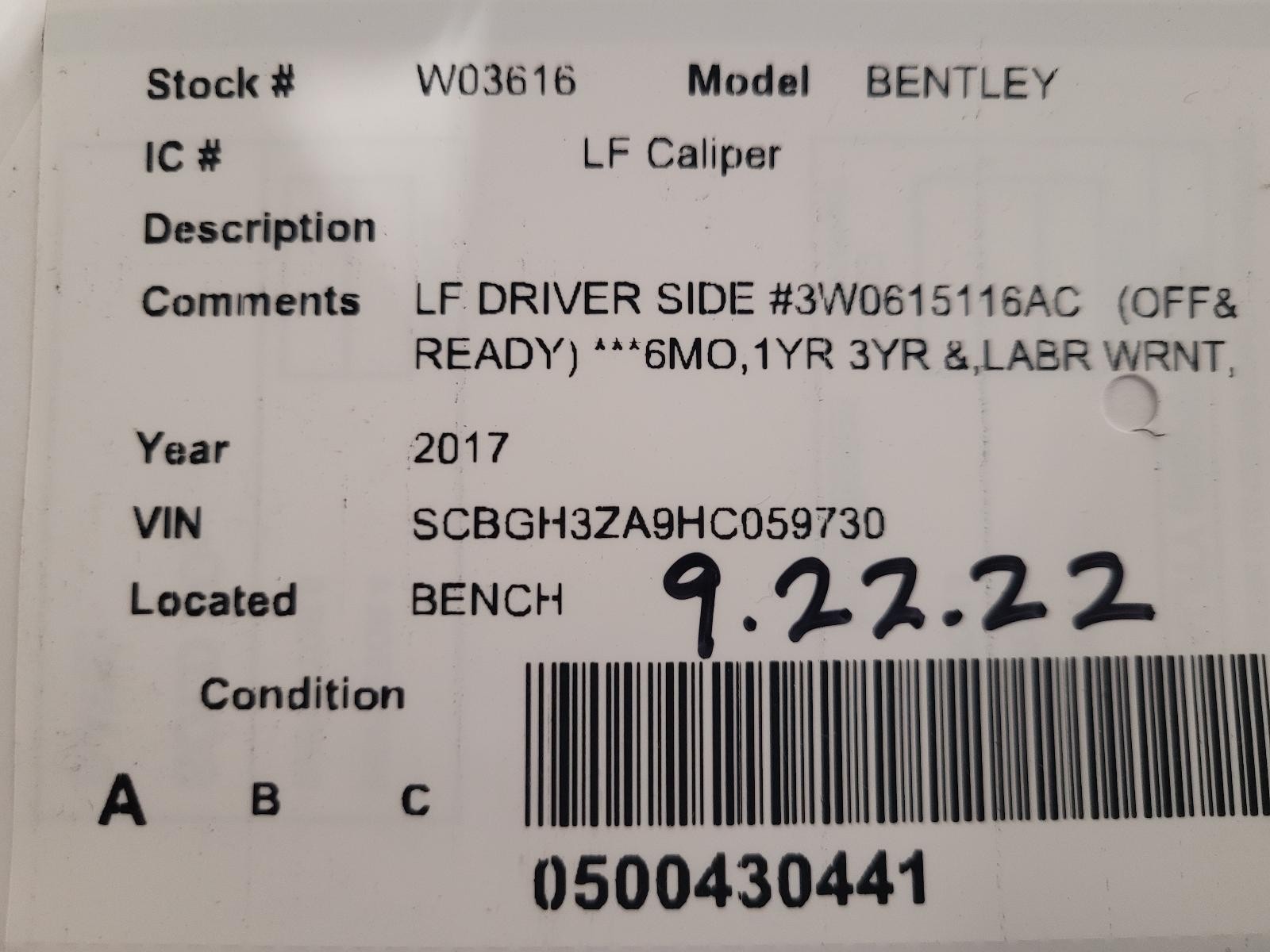 Used Disc Brake Caliper fits: 2017 Bentley CONTINENTAL GT  Grade A