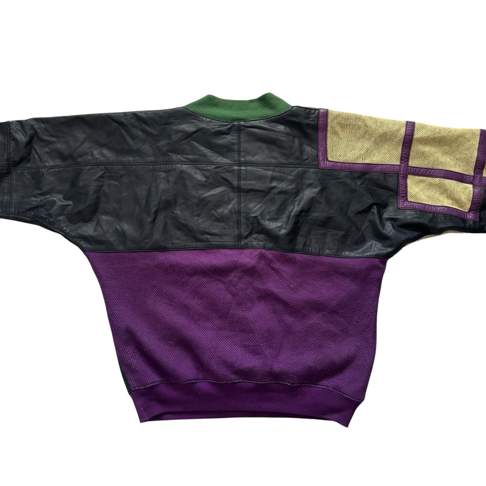 Vintage 80s Jumper Mens Leather Colour Block V Neck Retro Indie XL 46" image 3