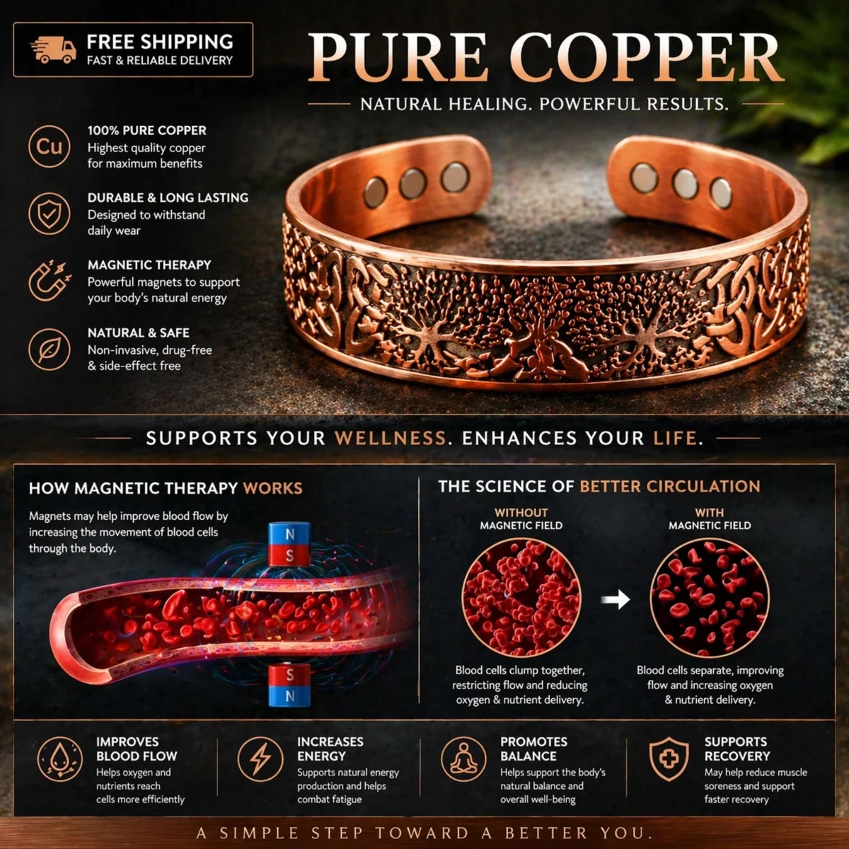 Magnetic Pure Solid   Copper Bracelet Tree Of Life Bangle Relief Arthritis