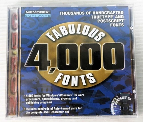 Memorex Software 4000 Fabulous Fonts PC CD-ROM Computer Software Win95 w/ Case